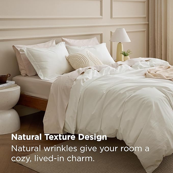 Bedsure 100% Washed Cotton Duvet Cover King Size - Ivory Minimalist Bedding Set Linen Like - PureWoven Plain Simple & Soft Comforter Cover for All Seasons, 3 Pieces (Ivory, King, 104"x90")