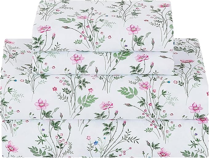 Softan Vintage King Bed Sheets, Cozy Microfiber Flower Printed Sheets with 15" Deep Pocket Fitted Sheet & Non-Slip Straps, Patterned Botanical Wildflower Sheets & Pillowcase Set