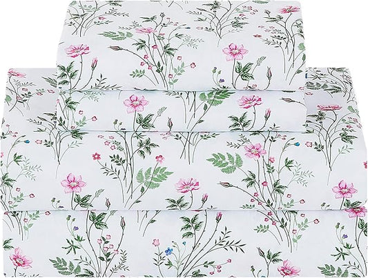 Softan Vintage King Bed Sheets, Cozy Microfiber Flower Printed Sheets with 15" Deep Pocket Fitted Sheet & Non-Slip Straps, Patterned Botanical Wildflower Sheets & Pillowcase Set