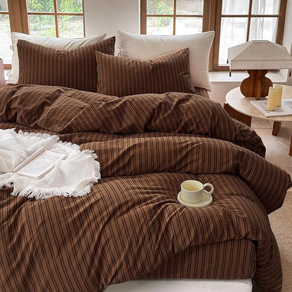 Striped Duvet Cover Set 100% Washed Cotton Linen Like Soft Feelling Breathable Bedding(Burnt Orange/Black Strip,Queen)