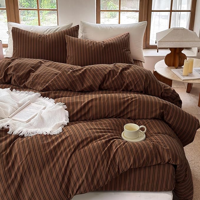 Striped Duvet Cover Set 100% Washed Cotton Linen Like Soft Feelling Breathable Bedding(Burnt Orange/Black Strip,King)