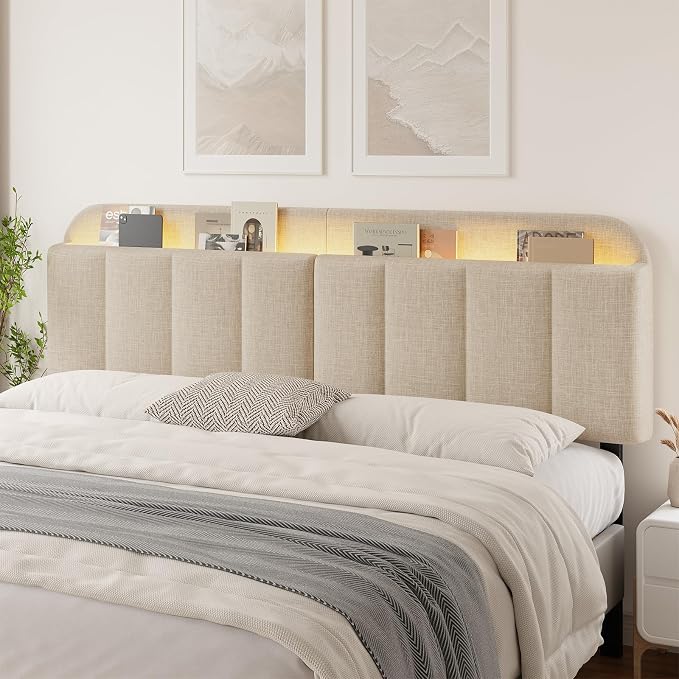 Headboard for King/California King Size Bed, Upholstered Bed HeadBoard with Storage, Linen Fabric Head Board with Vertical Channel Design, Height Adjustable, Easy to Assemble, Beige