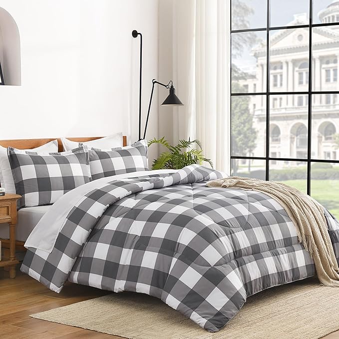 Andency Plaid Comforter Twin XL(68x92Inch), Gray White Checkered Gingham Buffalo Grid Bed Set for Students Boys Kids Teens, 2 Pieces Lightweight Polyester Geometric Dorm Bedding