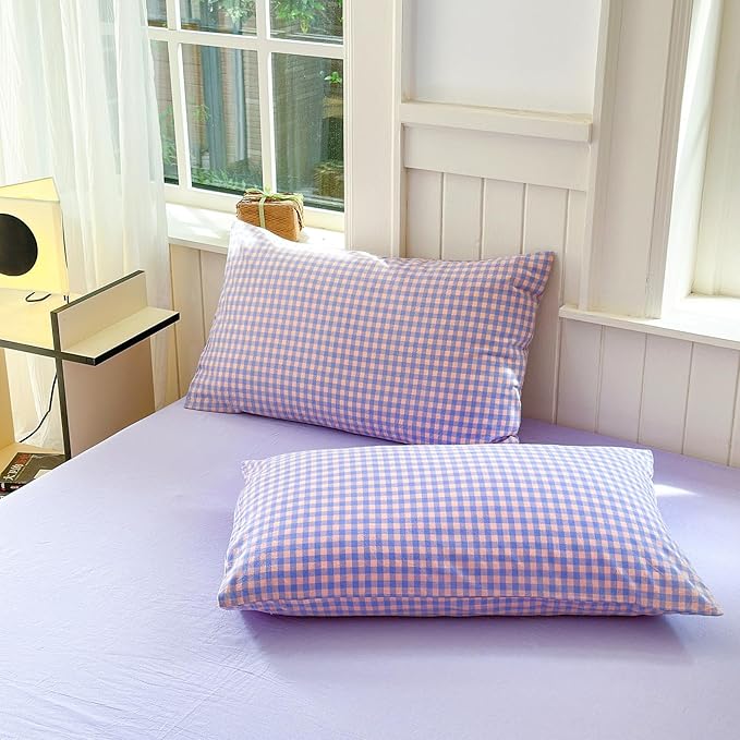 LifeTB Purple Plaid Bedding Set Full 100% Washed Cotton Purple Grid Duvet Cover with 2 Pillowcases Gingham Duvet Cover 3 Pieces Plaid Comforter Cover Breathable Grid Bedding Collection
