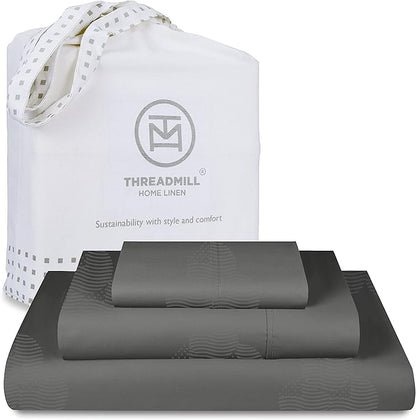 Threadmill Cotton Twin Sheet Set | 100% Cotton Sheets for Twin Size Bed | Damask Jacquard Sateen Twin Bed Sheets Set with 16” Deep Pocket | Soft Breathable 3-Piece Cooling Sheet Set | Dark Grey