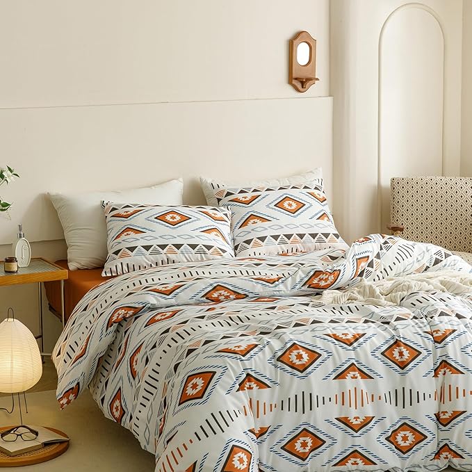 KAREVER Boho Comforter Cal King Aztec Bedding Set Southwest Theme 3 PCs Bohemian Comforter Set White California King Size Comforter (104x96 Inches) with 2 Pillowcases (26x36 inches)