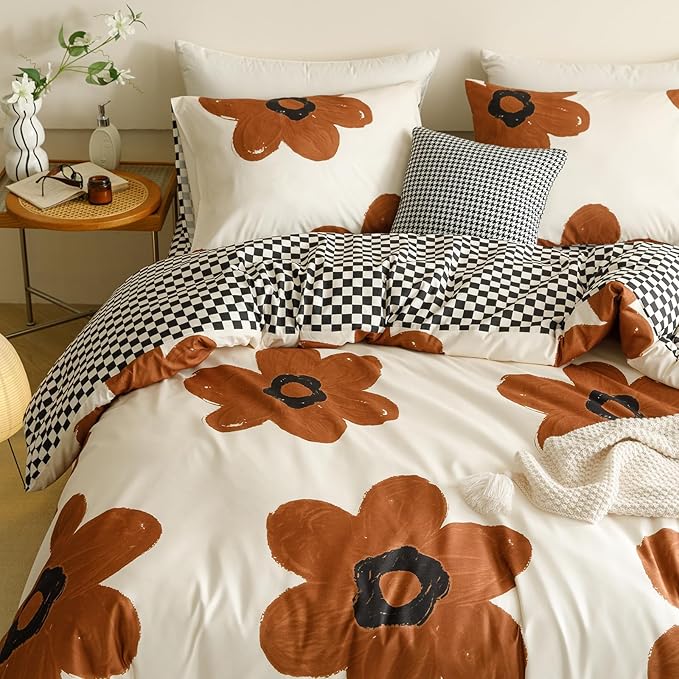 Cottonight Pumpkin Sunflower Comforter Set Brown Cal King Women Girls Beige and Brown Floral Bedding Comforter Set Botanical Flowers Blanket Quilts Soft Breathable Chic Comforter
