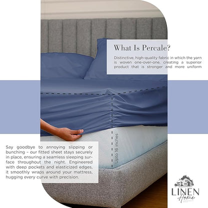 Linen Home 100% Cotton Percale Sheets Queen Size, Dark Blue, Deep Pocket, 4 Pieces Set - 1 Flat, 1 Deep Pocket Fitted Sheet and 2 Pillowcases, Crisp Cool and Strong Bed Linen