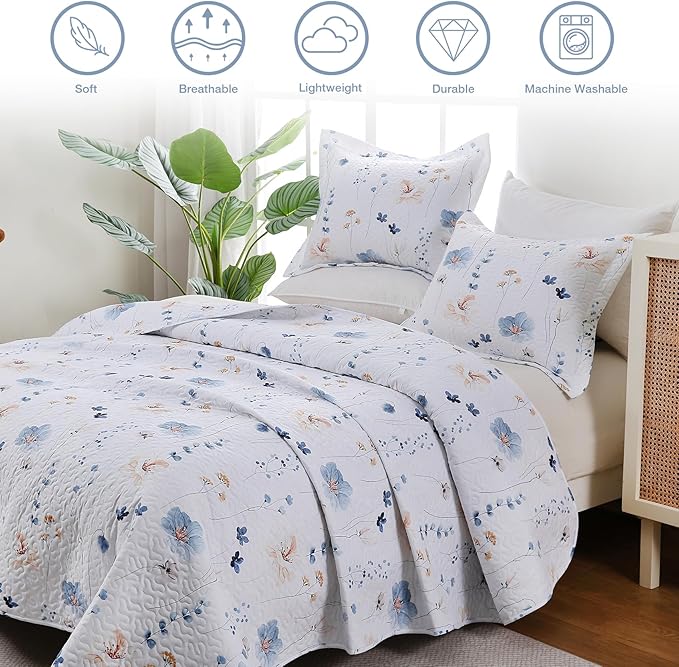 King Size Quilt Bedding Set, White Floral Lightweight Quilts for Bed Botanical Pattern Reversible, Soft Elegant Quilted Bedspread with 2 Pillow Shams Coverlet Sets (104"×90")