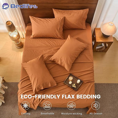 Bedlifes 100% French Pure Linen Sheets Queen Size Breathable and Cooling Flax Sheet Set Soft Durable and Moisture Wicking 16 Inch Deep Pocket-4 Piece(Queen,Brown)