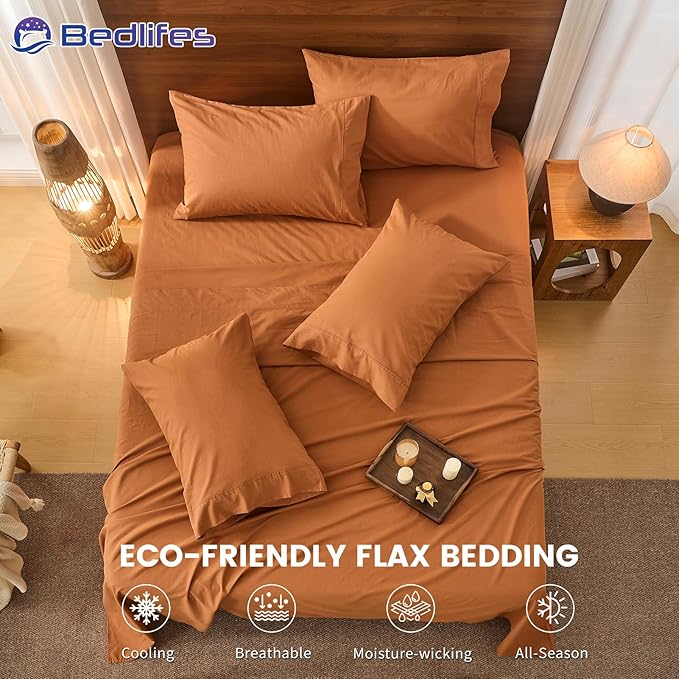 Bedlifes 100% French Pure Linen Sheets California King Size Breathable and Cooling Flax Sheet Set Soft Durable and Moisture Wicking 16 Inch Deep Pocket-4 Piece(Cal King,Brown)