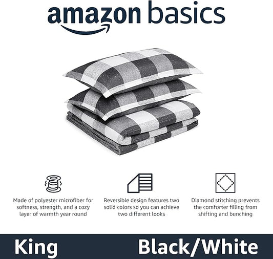 Amazon Basics Lightweight Microfiber Checkerboard Comforter Set, 3-Piece, King, Black/White