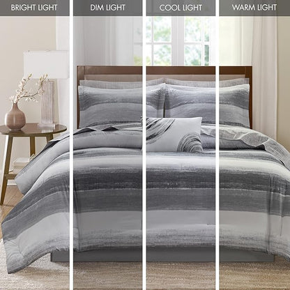 Madison Park Essentials Full Comforter Set, Bed in a Bag, Watercolor Print Coastal Comforter & Chambray Cotton Sheet Set, All Season Bedding Set, Saben, Black Full (78 in x 86 in) 9 Piece