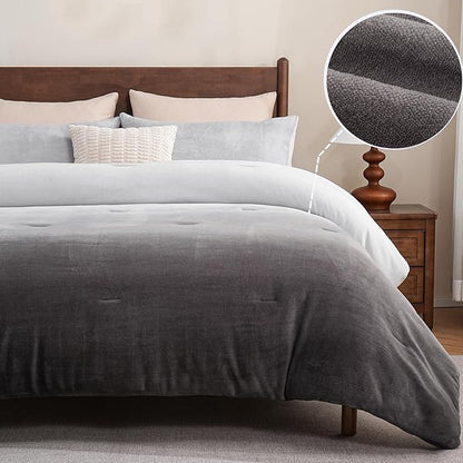 Bedbay Ombre Gray Velvety Fleece Comforter Set King Size Ultra Soft Plush Bedding Gradient Grey Thick Warm Cozy Winter Quilt Set with 2 Pillowcases Luxury Velvet Flannel Bedding Set 3 Pcs