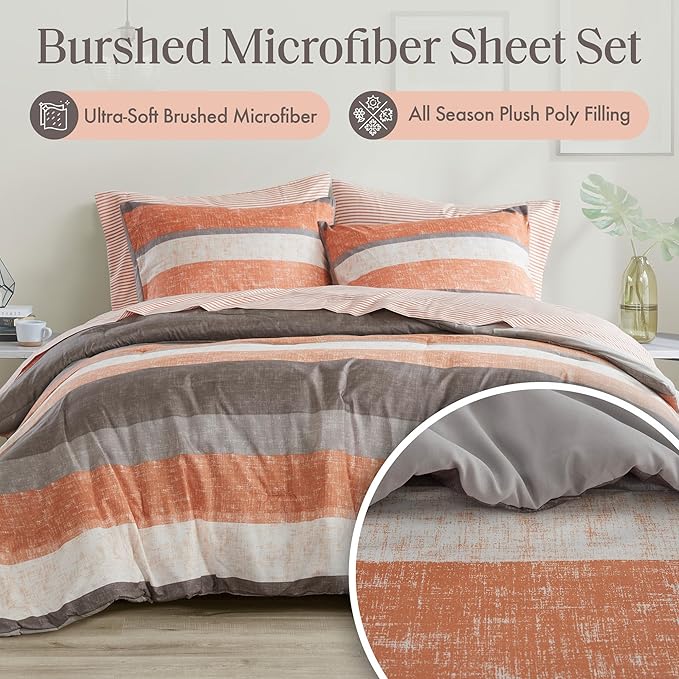 Madison Park Essentials Jaxon Cal King Comforter Set, Bed in A Bag Comforter & Sheet Set, Modern Casual Stripes Print, All Seasons, Soft Bedding Makeover, Matching Sham, Cal King Coral/Grey 7 Piece