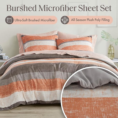 Madison Park Essentials Jaxon King Comforter Set, Bed in A Bag Comforter & Sheet Set, Modern Casual Stripes Print, All Seasons, Soft Bedding Makeover, Matching Sham, King Coral/Grey 7 Piece