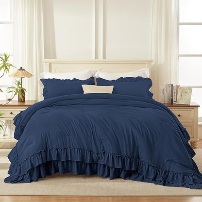 Andency Navy Blue King Comforter Set (104x90Inch), 3 Pieces Ruffle Comforter Set with 2 Pillowcases, Farmhouse Shabby Chic Lightweight Fluffy Soft Polyester All Season Bed Set