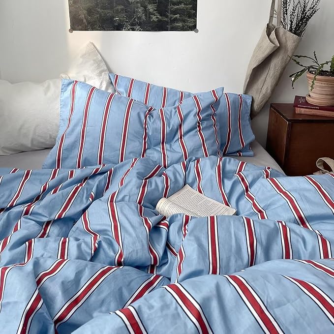 mixinni Vintage Blue & Red Striped Comforter Set Queen Size - Soft Cotton 3-Piece Bedding Set (1 Comforter + 2 Pillowcases), Retro Geometric Stripes Pattern, All-Season Lightweight & Breathable