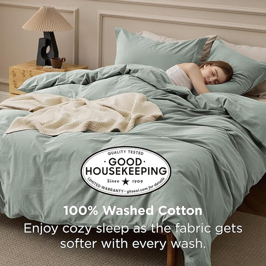 Bedsure 100% Washed Cotton Duvet Cover King Size - Sage Green Minimalist Bedding Set Linen Like - PureWoven Plain Simple & Soft Comforter Cover for All Seasons (Sage Green, King, 104"x90")