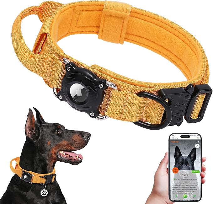 QR Code & AirTag Tactical Dog Collar - Military Grade Adjustable Reflective Collar with Control Handle, for Large Medium Dogs, Durable Nylon Metal Buckle (Yellow-L)