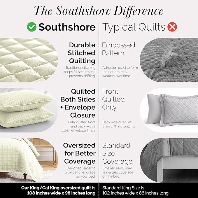 Southshore Fine Living, Inc. Oversized King Quilt Bedding Set, Soft Brushed Microfiber, Wrinkle-Free, Stain and Pet Hair Resistant Bedding, California/King Size Quilt Coverlet Set w/2 Shams, Cream