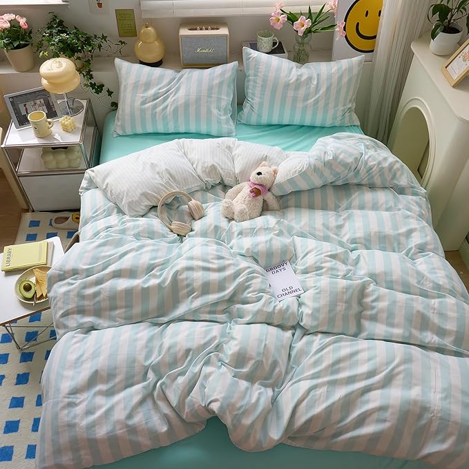 Sky Blue Striped Queen Duvet Cover Soft Boho Comforters Queen Size Cover Stripes Chic Aesthetic Farmhouse Duvet Cover Set with Zipper College Dorm Bedding Washed Microfiber Duvet Protector