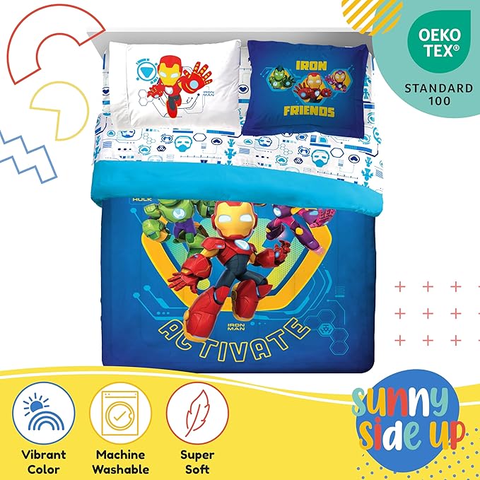 Sunny Side Up Kids Comforter Set Includes Sheets and Pillow Covers - Soft and Cozy Bed Set for Stylish Room Decor, Blue - Iron Man and His Awesome Friends, 7 Piece Full Size Bedding
