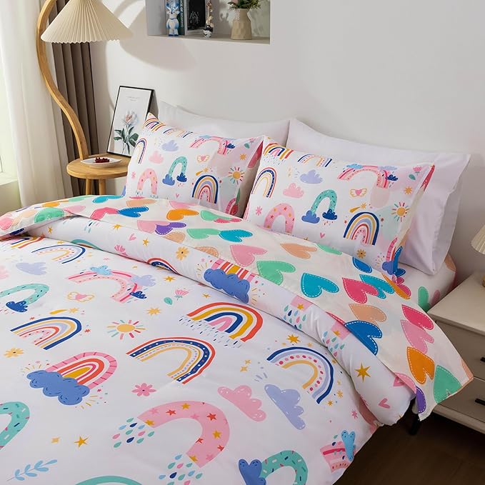 Btargot Lightweight Soft 3 Piece Rainbow Comforter Set with 2 Pillow Covers, Cartoon Leaves Flowers and Sun Star Bedding Set for Girls Boys Kids, Twin White