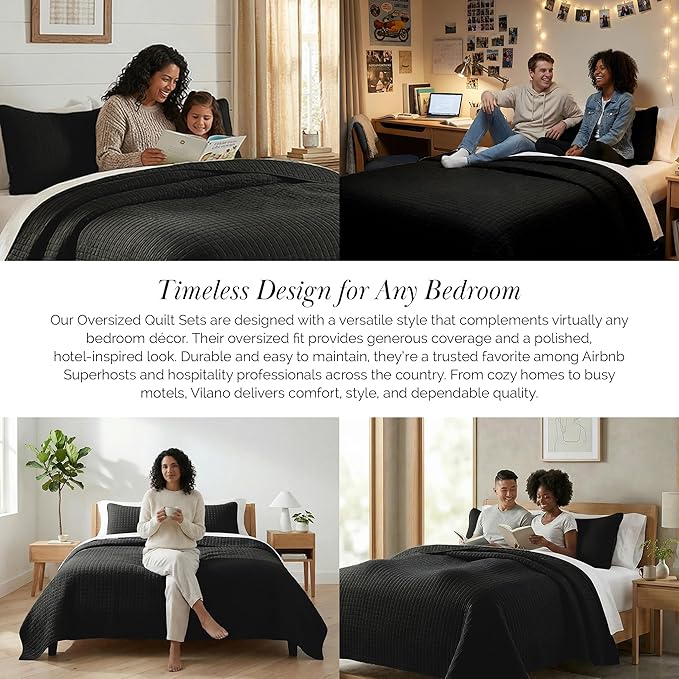 Southshore Fine Living, Inc. Twin XL Quilt Bedding Set, Dorm Room Bedding Essentials, Stain Resistant, Machine Washable Bedspread, XL/Twin Black Quilt Comforter Set/Bedspread with Pillow Sham, Black