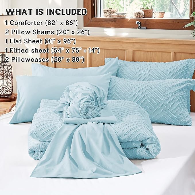 Zzlpp Full Comforter Set 7 Pieces, Light Blue Tufted Bed in a Bag with Comforter and Sheets, All Season Boho Bedding Sets with Comforter, 2 Pillow Shams, 2 Pillowcases, 1 Flat Sheet, 1 Fitted Sheet