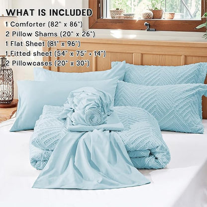 Zzlpp Full Comforter Set 7 Pieces, Light Blue Tufted Bed in a Bag with Comforter and Sheets, All Season Boho Bedding Sets with Comforter, 2 Pillow Shams, 2 Pillowcases, 1 Flat Sheet, 1 Fitted Sheet