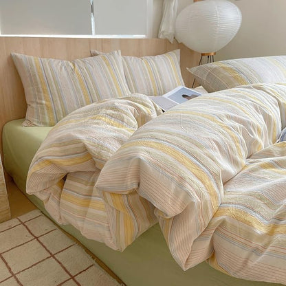 Retro Striped Duvet Cover Set Full, 100% Washed Cotton Colorful Yellow Stripes Pattern Printed Bedding Set, 3 Pieces Soft Breathable Duvet Cover Vintage Striped Comforter Cover with 2 Pillowcases