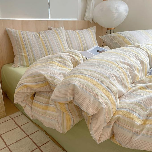 Retro Striped Duvet Cover Set Full, 100% Washed Cotton Colorful Yellow Stripes Pattern Printed Bedding Set, 3 Pieces Soft Breathable Duvet Cover Vintage Striped Comforter Cover with 2 Pillowcases