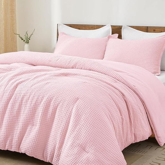 PHF Ultra Soft Waffle Weave Comforter Set King Size, 3 Pieces Lightweight Breathable Comfy Bedding Set, Comfy Textured 1 Comforter with 2 Pillow Shams, Pink