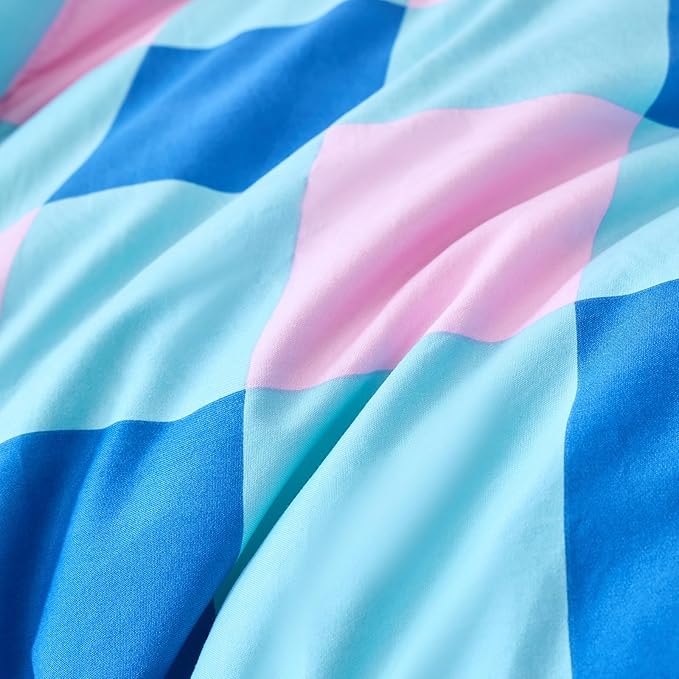 Caressma Blue Pink Checkered Comforter Set, Colorful Twin Size Plaid Comforter Bedding Set, Soft Grid Gingham Comforter Home Decor for All Seasons