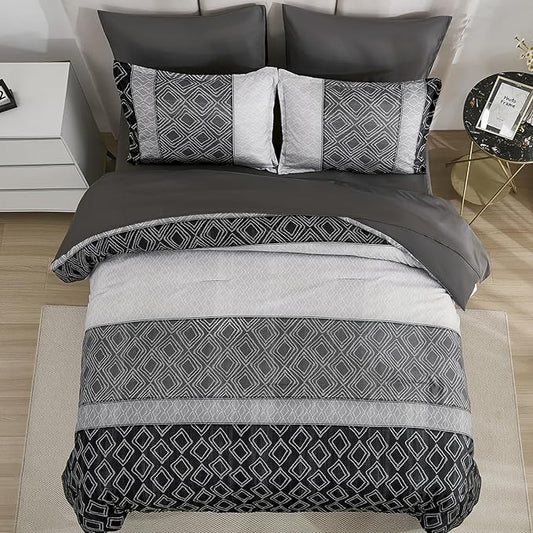 California King Comforter Set Size, Black Gray Striped Cali King Bed Set Fall Bedding Sets for Men,7 Pieces Boho Bed in a Bag Comforters with Sheets Dark Grey for All Season