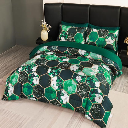 ANGIYUIN Green Marble California King Size Comforter Sets White Flowers Bedding Sets 7Pcs Gold Honeycomb Bed in A Bag for Women Men Luxury Farmhouse Bed Comforter Sets for All Season