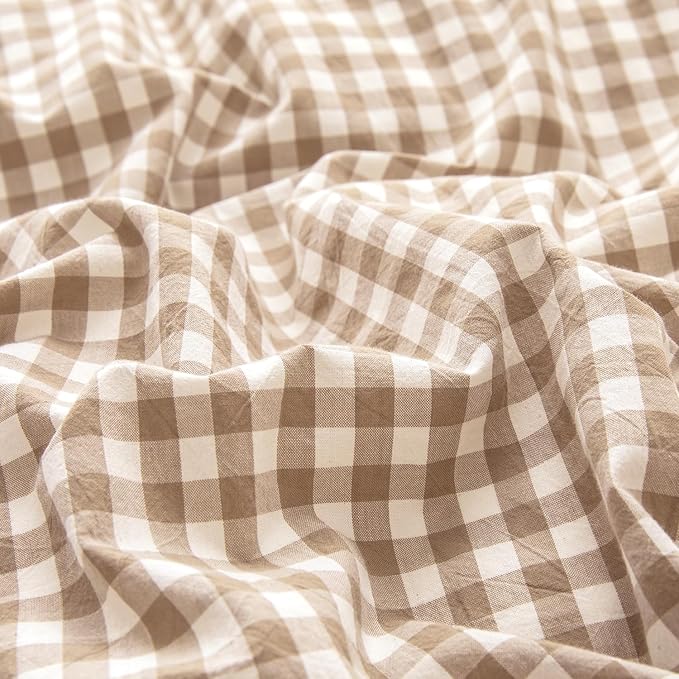 mixinni Tan Gingham Comforter Set Full, Plaid Comforter Set 3 Pieces 1 Beige Grid Comfoter with 2 Pillow Cases for All Seasons, Soft Fluffy Modern Grid Pattern Printed Bedding-Full Size