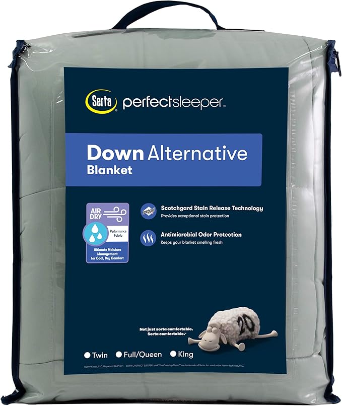 Serta Air Dry Down Alternative Bedding Blanket, Cooling and Breathable Performance Fabric, Full/Queen, Seaglass