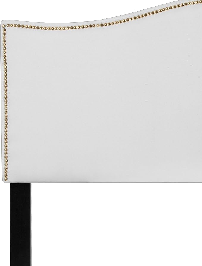 EMMA + OLIVER Upholstered Queen Size Headboard with Nailtrim in White Fabric