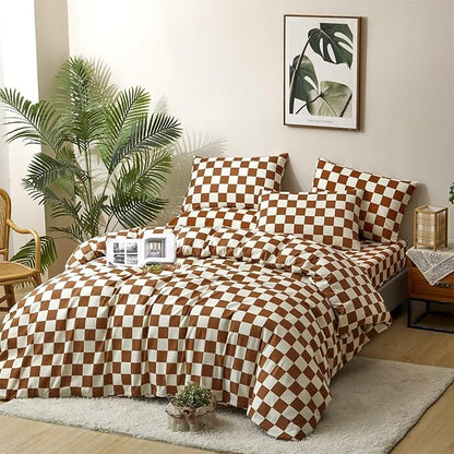 Houseri Brown and White Plaid Comforter Set Full Caramel Brown Grid Bedding Comforter Full Size Teen Boys Checkerboard Comforters Sets Girls Elegant Buffalo Checkered Gingham Full Comforter Comfy Soft
