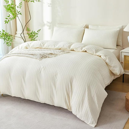 Comforter Set Queen Size Striped Soft Luxury Washed Microfiber Jacquard 3 Pieces Bedding, White Beige Vertical Ticking Stripes Comforter with 2 Pillowcases Breathable Durable Comfy