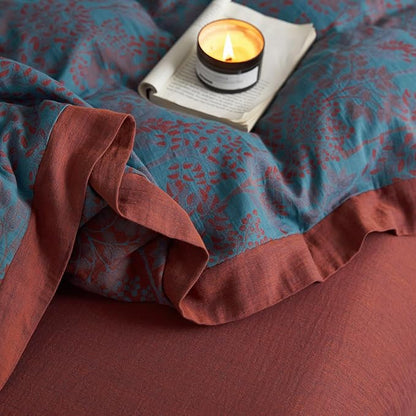 mixinni Muslin Cotton Vintage Blue Floral Duvet Cover Queen Size 3pcs Yarn Dyed Burgundy Jacquard Weave Bedding Comforter Cover Soft Breathable Bedding Sets for All Season-Queen Size