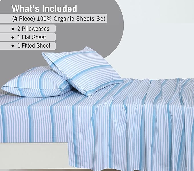 RUVANTI 100% Organic Cotton Sheets King Size, Percale Weave, GOTS Certified, 4-Piece Set, Deep Pocket 15", Crisp & Breathable, Soft Durable Bedding, Sábanas Algodón Orgánico – Nautical Stripes