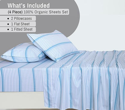 RUVANTI 100% Organic Cotton Sheets California King, Percale Weave, GOTS Certified, 4-Piece Set, Deep Pocket 13", Crisp & Breathable, Soft Durable Bedding, Sábanas Algodón Orgánico – Nautical Stripes