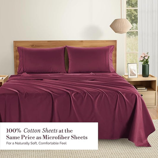 Casa Platino Twin XL Size Sheet Set – 4 Piece Cooling Sheets Twin XL Size 100% Cotton Crisp Percale Sheets with Breathable & Cozy Feel, 15" Deep Pocket Fitted Sheet for Secure Fit – Windsor Wine