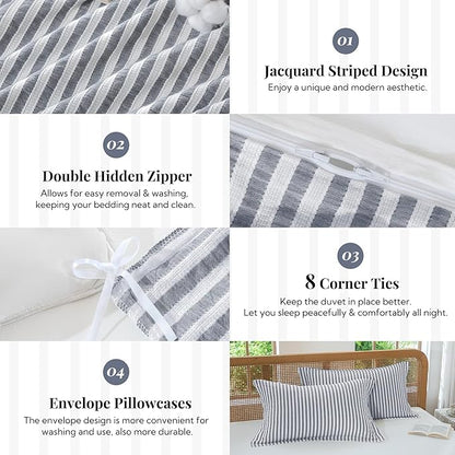 MILDLY Charcoal Striped Duvet Cover - 100% Washed Cotton Jacquard Textured Comforter Cover with Dual Zipper Closure & 8 Coner Ties
