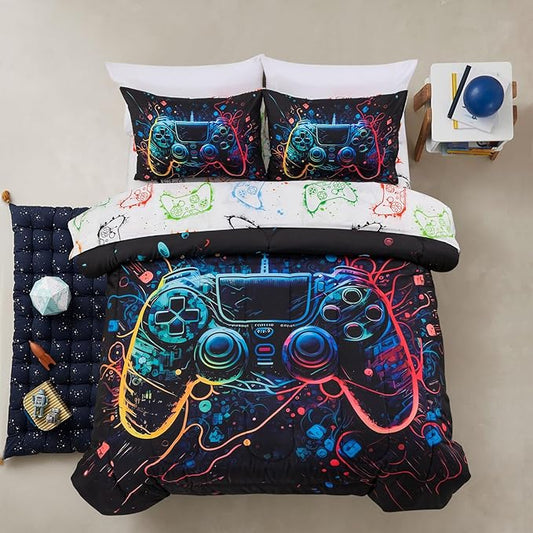 A Nice Night Boys Queen Size 5-Piece Game Console Comforter Set, for Kids Teen 3D Colorful Background Space Universe Gamepad Gaming Printed Matching Sheet Sets