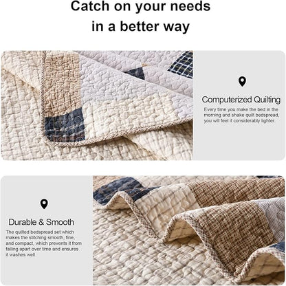 PANGUSHAN Quilts Set King Size,100% Cotton Quilt,Patchwork Plaid King Quilt Bedding Set Bedspreads,Farmhouse Rustic Lightweight Comforter for King Bed,Cream/Brown/Blue-Black/Off-White Bed Spread