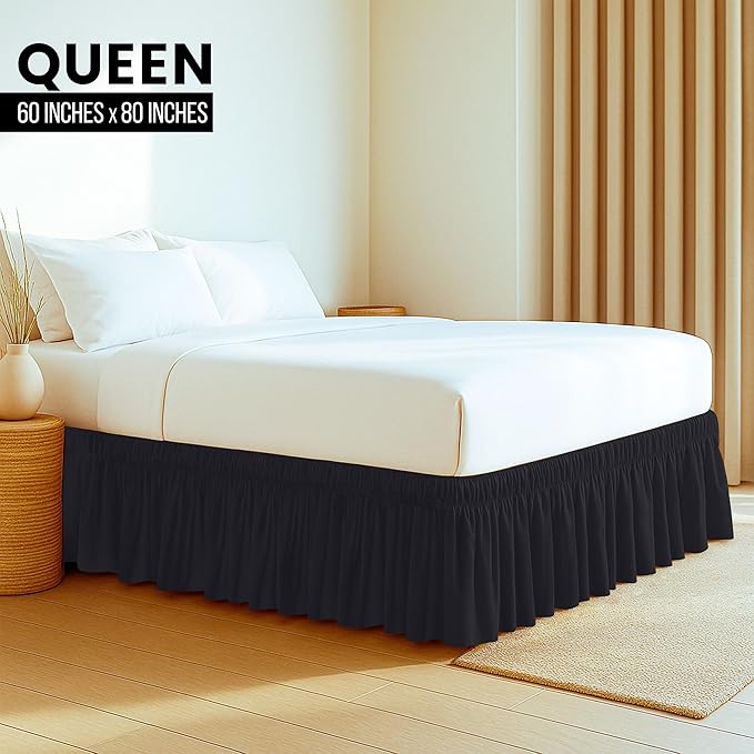 Utopia Bedding Queen Elastic Bed Ruffle - Easy Wrap Around Ruffle - Microfiber Bed Skirt with Adjustable Buckle & Elastic Belt, 16 Inch Tailored Drop - Hotel Quality Bedskirt, Fade Resistant (Black)